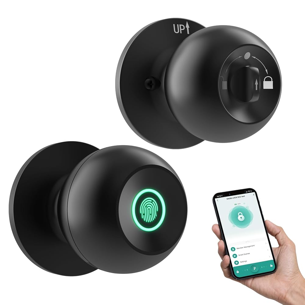 GHome Smart Fingerprint Door Lock, Door Knob with App Smart Lock for Bedroom Door, Keyless Entry, Type-C Port Emergency Charging, Biometric Lock Great for Room, Garage, Office,...