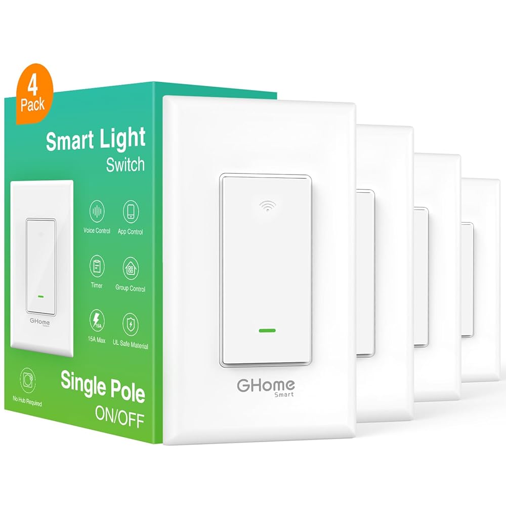 GHome Smart Switch,Smart Wi-Fi Light Switch Compatible with Alexa and Google Assistant 2.4Ghz, Single-Pole,Neutral Wire Required,UL Certified,Remote/Voice Control, No Hub...