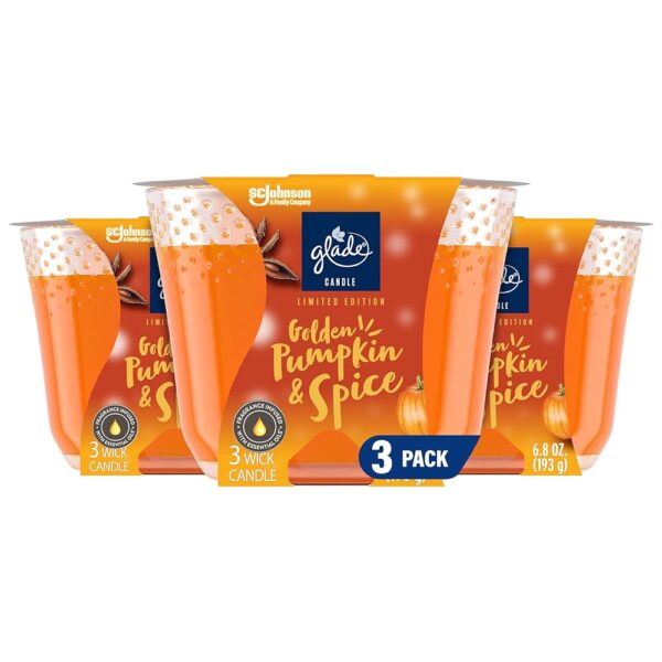 Glade Candle Golden Pumpkin & Spice, Fragrance Candle Infused with Essential Oils, Air Freshener Candle, Limited Edition Scent, 3-Wick Candle, 6.8 Oz, 3 Count