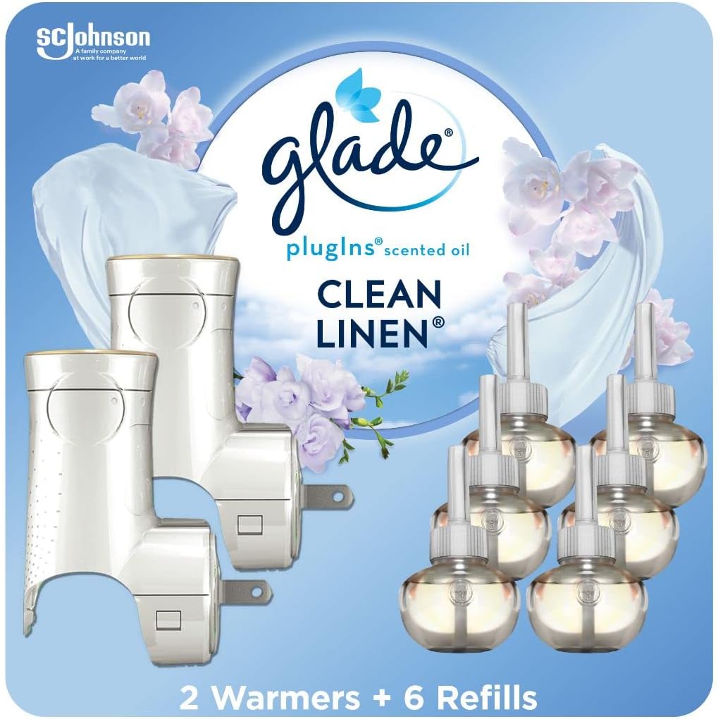 Glade PlugIns Air Freshener Starter Kit, Scented and Essential Oils for Home and Bathroom, Clean Linen, 4.02 Fl Oz, 2 Warmers and 6 Refills