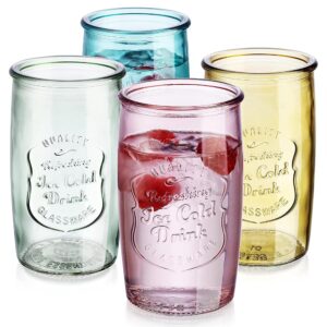 Glaver's Colored Glassware, Ice Cold Drinking Glasses Set of 4 – 18 Oz Vintage Glass Cups for Kitchen, Dining Table – Multi- Colors Glass Tumblers. Hand Wash.