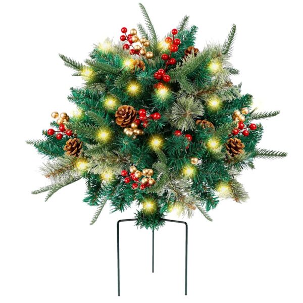 Glintoper Lighted Artificial Christmas Urn Filler, Pre-lit Xmas Pine Trees with Cones, Golden & Red Berries, Tripod Stake and 60 LED Lights, Outdoor Light Up Planter Filler...