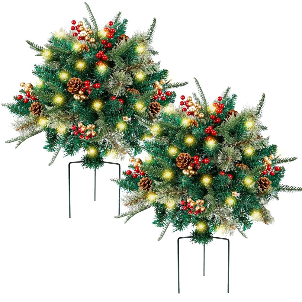 Glintoper Lighted Artificial Christmas Urn Filler, Pre-lit Xmas Pine Trees with Cones, Golden & Red Berries, Tripod Stake and 60 LED Lights, Outdoor Light Up Planter Filler...