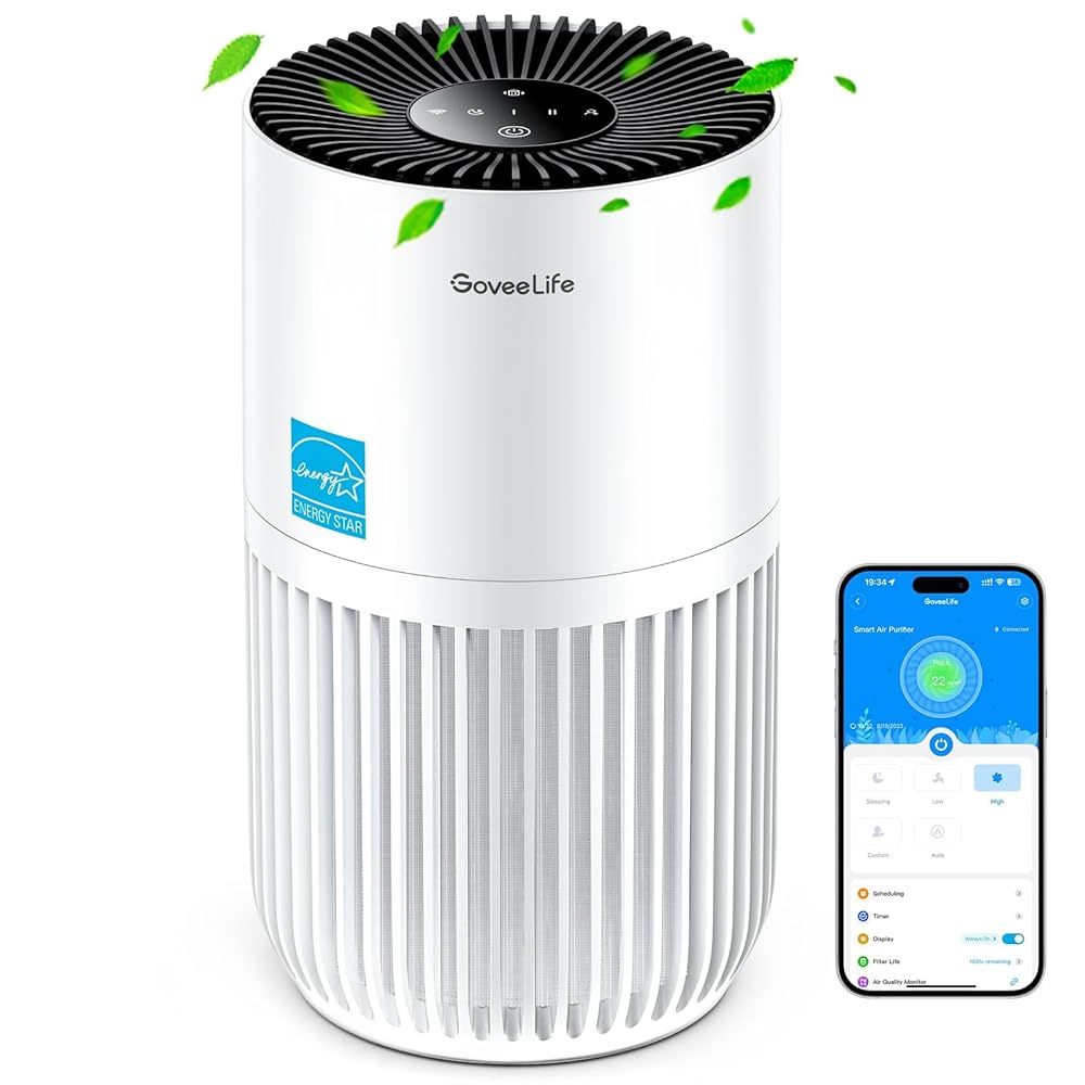 GoveeLife Mini Air Purifier for Bedroom, HEPA Smart Filter Air Purifier with App Alexa Control for Pet Hair, Odors, Pollen, Smoke, Portable Air Cleaner with 3 Speeds, 2 Modes,...