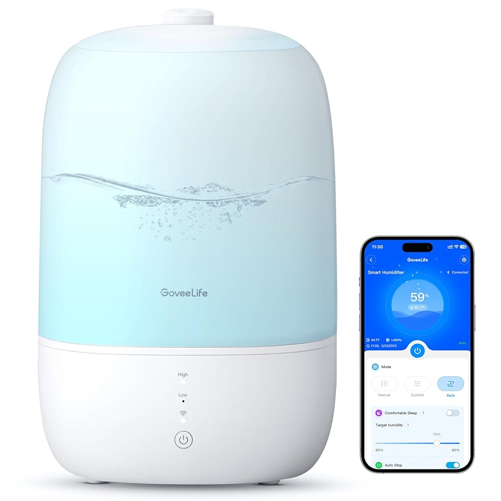 GoveeLife Smart Humidifiers for Bedroom, 3L Top Fill Cool Mist Humidifiers with Essential Oil Diffuser, Humidity Control, WiFi Air Humidifier with Night Light, for Baby, Plants,...