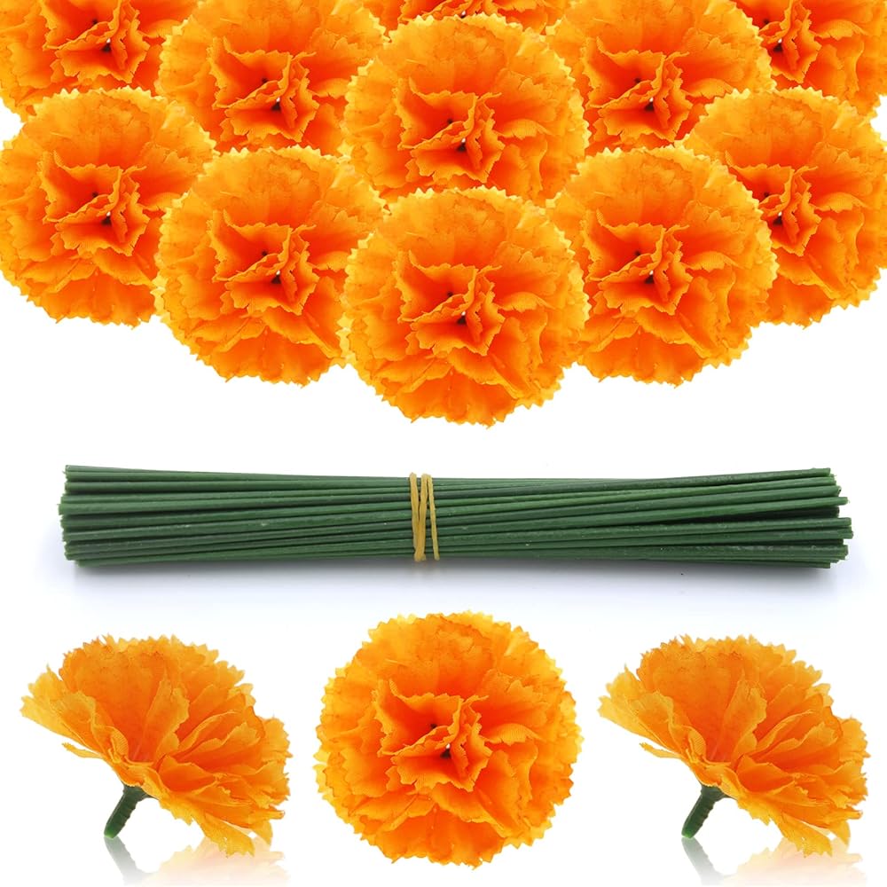 Hananona 50 Pcs Marigold Flower Heads Bulk, Silk Marigold with Stems Artificial Flowers for Diwali Home Decor Day of The Dead Wreath Garland