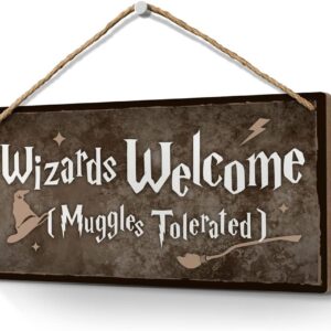 Heuhuww Wizards Welcome Muggles Tolerated Sign 6"x12" Room Decor,Home Decor,Wizardry Theme Door Wall Hanging Wood Plaques Magic Christmas Gifts