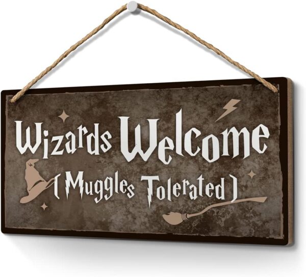 Heuhuww Wizards Welcome Muggles Tolerated Sign 6"x12" Room Decor,Home Decor,Wizardry Theme Door Wall Hanging Wood Plaques Magic Christmas Gifts