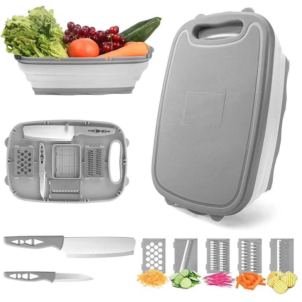 HI NINGER Collapsible Cutting Board with Colander, 9-In-1 Multi Chopping Board Kitchen Vegetable Washing Basket for Camping Gifts Camping Accessories for RV Campers