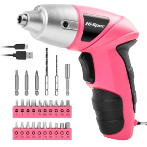 Hi-Spec Electric Screwdriver 27pc 3.6V Pink USB Small Power Screwdriver Set. Cordless Screwdriver & Rechargeable Screwdriver with Driver Bit Set