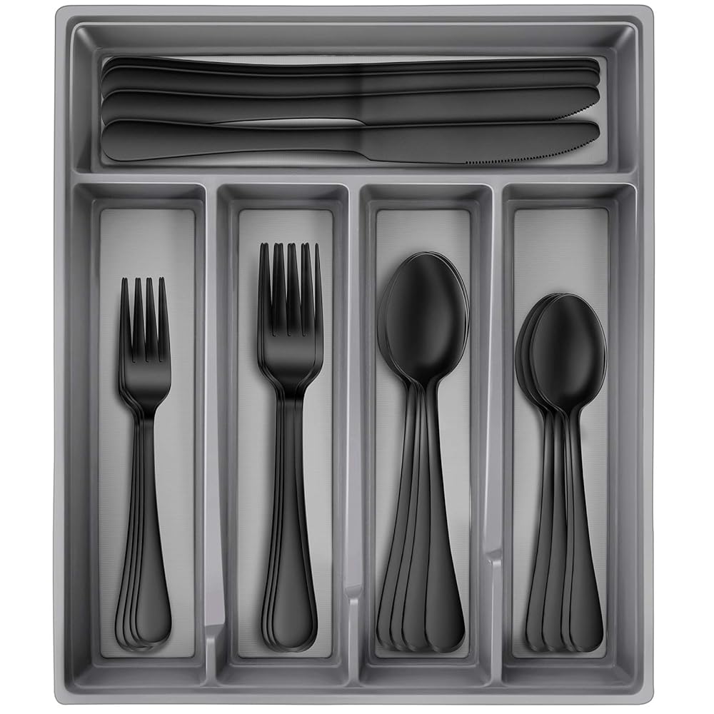 Hiware 20-Piece Black Silverware Set with Tray, Stainless Steel Flatware Cutlery Set Service for 4, Kitchen Black Utensils Tableware Set for Home Restaurant, Mirror Finish,...