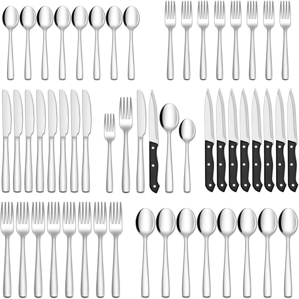 HIWARE 48-Piece Silverware Set with Steak Knives for 8, Stainless Steel Flatware Cutlery Set For Home Kitchen Restaurant Hotel, Kitchen Utensils Set, Mirror Polished, Dishwasher...