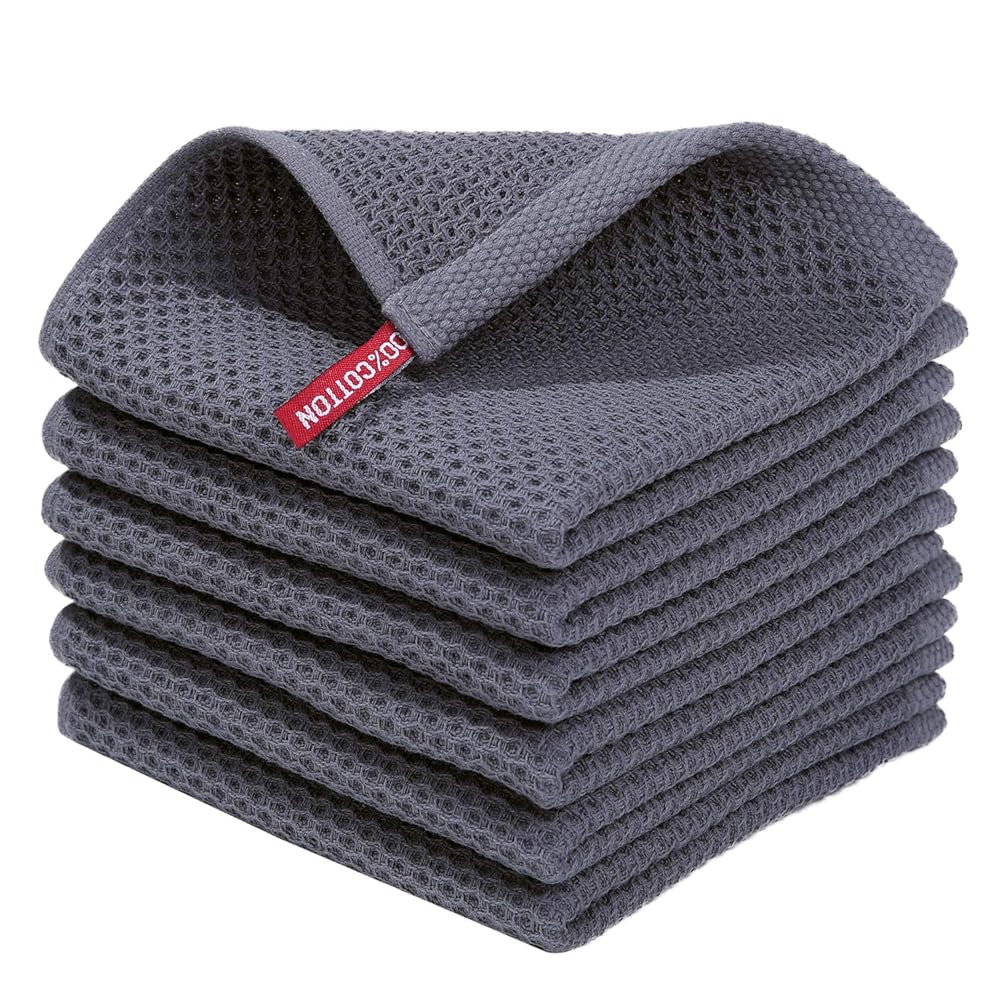 Homaxy 100% Cotton Waffle Weave Kitchen Dish Cloths, Ultra Soft Absorbent Quick Drying Dish Towels, 12x12 Inches, 6-Pack, Dark Grey