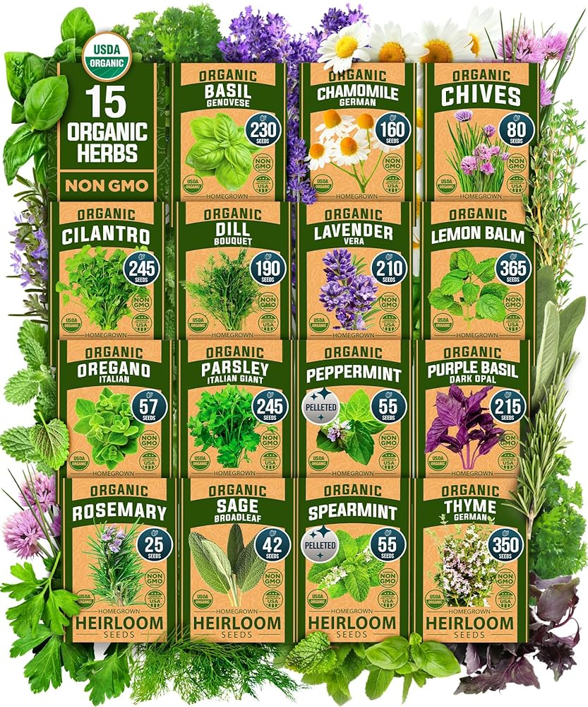 HOME GROWN 15 Organic Herb Seeds Variety Pack 2,500+ Non GMO, High-Germinating, Heirloom Seeds for Planting Indoor or Outdoor Herb Garden, Hydroponics Garden Seeds, Basil,...