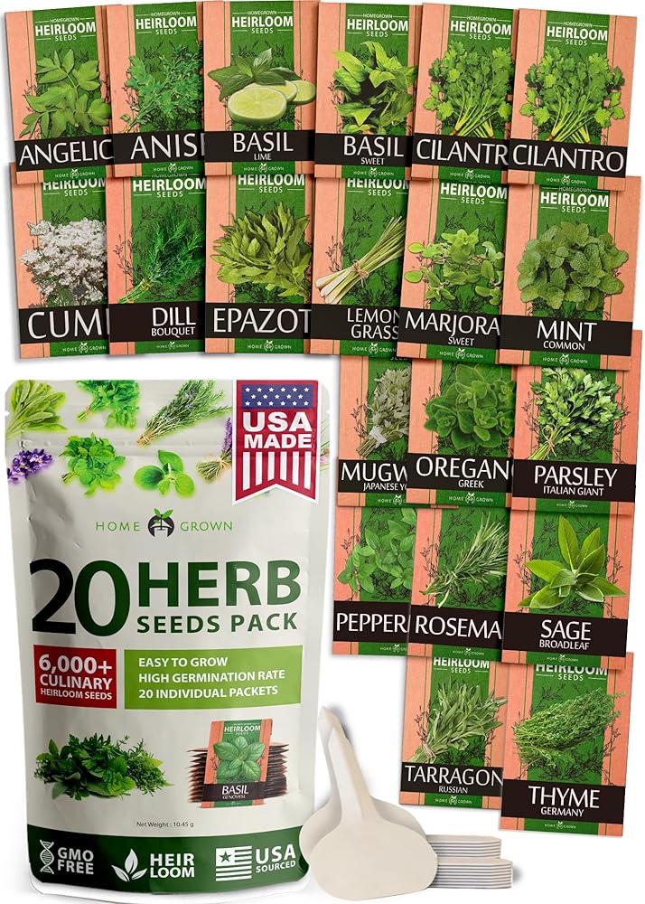 HOME GROWN 20 Culinary Herb Seed Vault - Heirloom and Non GMO - Seeds for Planting for Indoor or Outdoor Herbs Garden, Basil, Cilantro, Parsley, Chives, Lavender, Dill,...