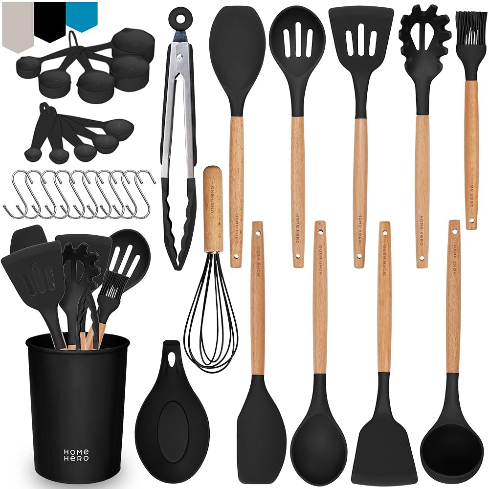 Home Hero 33 Pcs Kitchen Cooking Utensils Set, Non-Stick Silicone Cooking Kitchen Utensils Spatula Set with Holder, Wooden Handle Silicone Kitchen Gadgets Utensil Set (33 Pcs -...