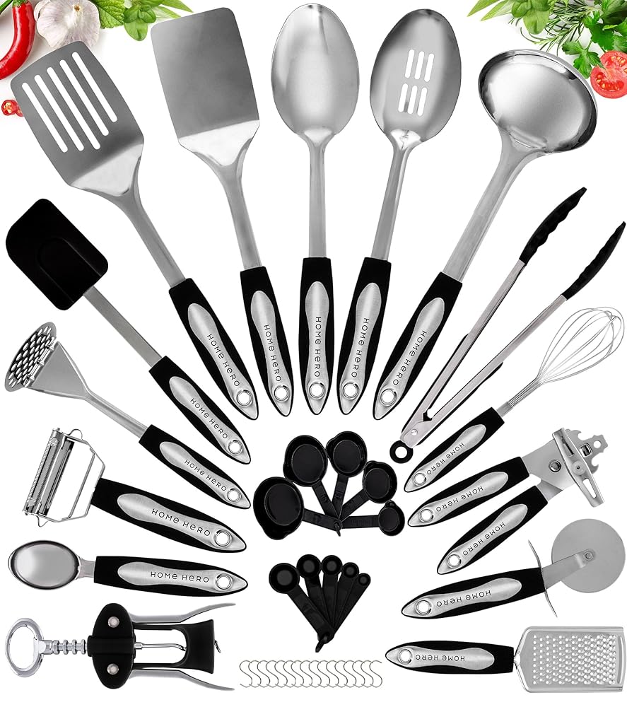 Home Hero 41 Pcs Stainless Steel Kitchen Utensils Set - Nonstick Stainless Steel Cooking Utensils Set - Heat Resistant Kitchen Essentials & Metal Kitchen Gadgets (41 Pcs Set)