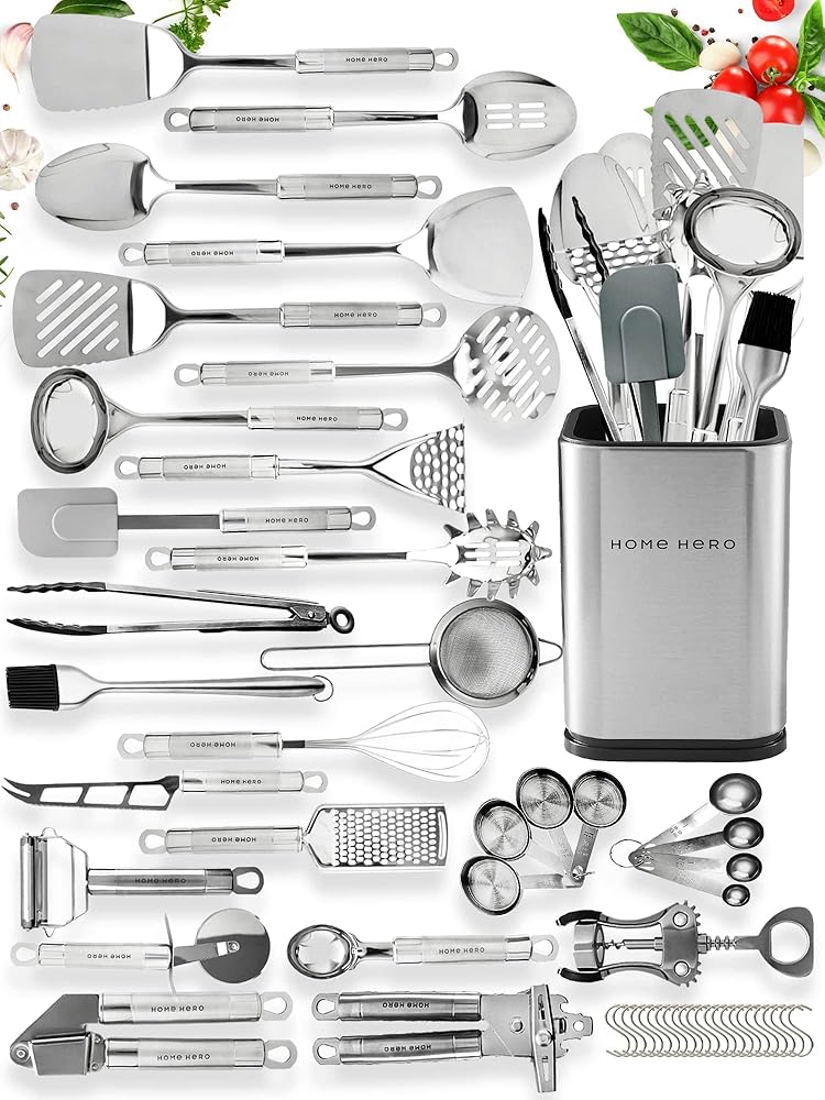 Home Hero Stainless Steel Kitchen Utensils Set - Nonstick Stainless Steel Cooking Utensils Set - Heat Resistant Kitchen Essentials & Metal Kitchen Gadgets (54 Pcs)