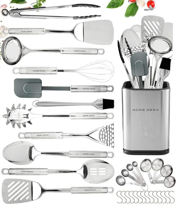 Home Hero Stainless Steel Kitchen Utensils Set - Nonstick Stainless Steel Cooking Utensils Set - Heat Resistant Kitchen Essentials & Metal Kitchen Gadgets (32 Pcs)