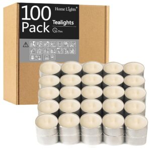 HomeLights Unscented White Tealight Candles -100 Pack, 6 to 7 Hour Burn Time Smokeless Tea Light Candles, Mini Votive Paraffin Candles with Cotton Wicks for Shabbat, Weddings,...