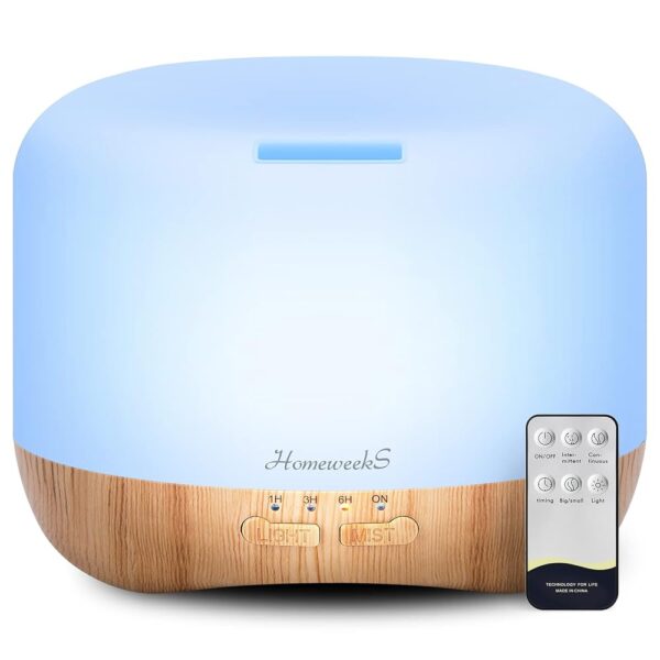 Homeweeks 300ml Essential Oil Diffuser, Quiet Aromatherapy Mist Diffusers for Essential Oils, Wood Grain Ultrasonic Oil Diffuser with Remote Control,Timer, 7 Colors Light for...