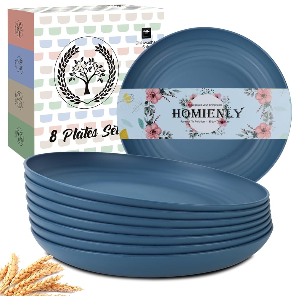 Homienly Deep Dinner Plates Set of 8-9 inch Alternative for Plastic Plates Microwave and Dishwasher Safe Wheat Straw Plates for Kitchen Unbreakable Kids Plates (Blue)