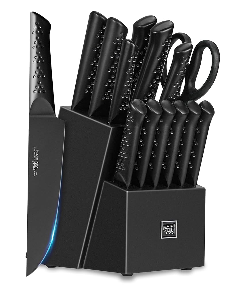 HUNTER.DUAL Knife Sets for Kitchen with Block, HUNTER.DUAL 15 Piece Knife Set with Built-in Sharpener, Dishwasher Safe, German Stainless Steel, Elegant Black