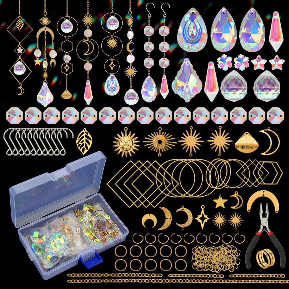 HYBEADS 200 pcs DIY Sun Catchers Making Kits Craft for Adults Crystal Suncatchers Supplies Stained Glass Window Hanging Prism Indoor Outdoor Garden Xmas Decor with Rainbow Maker...