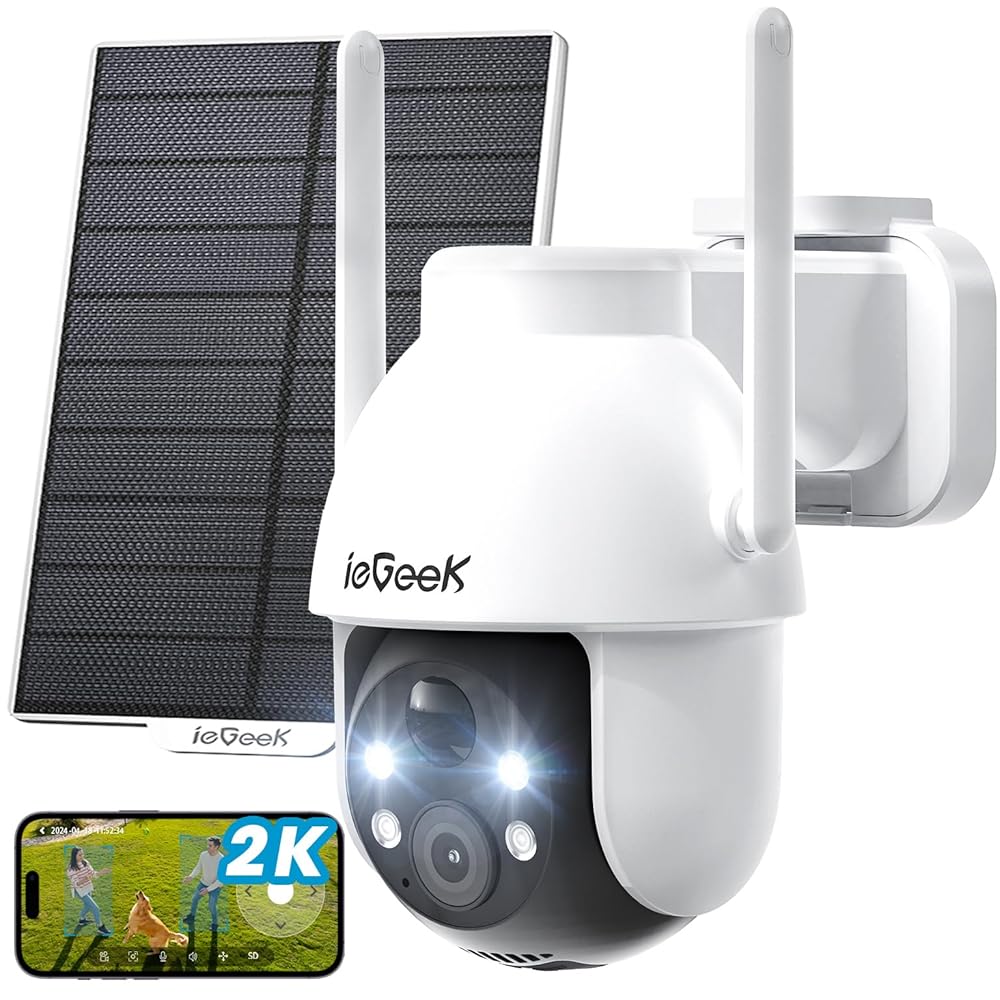 ieGeek Security Cameras Wireless Outdoor, 2K Solar WiFi Camera for Home Security System, Battery Powered Surveillance Cam with Solar Panel, 360° PTZ Color Night Vision, Motion...