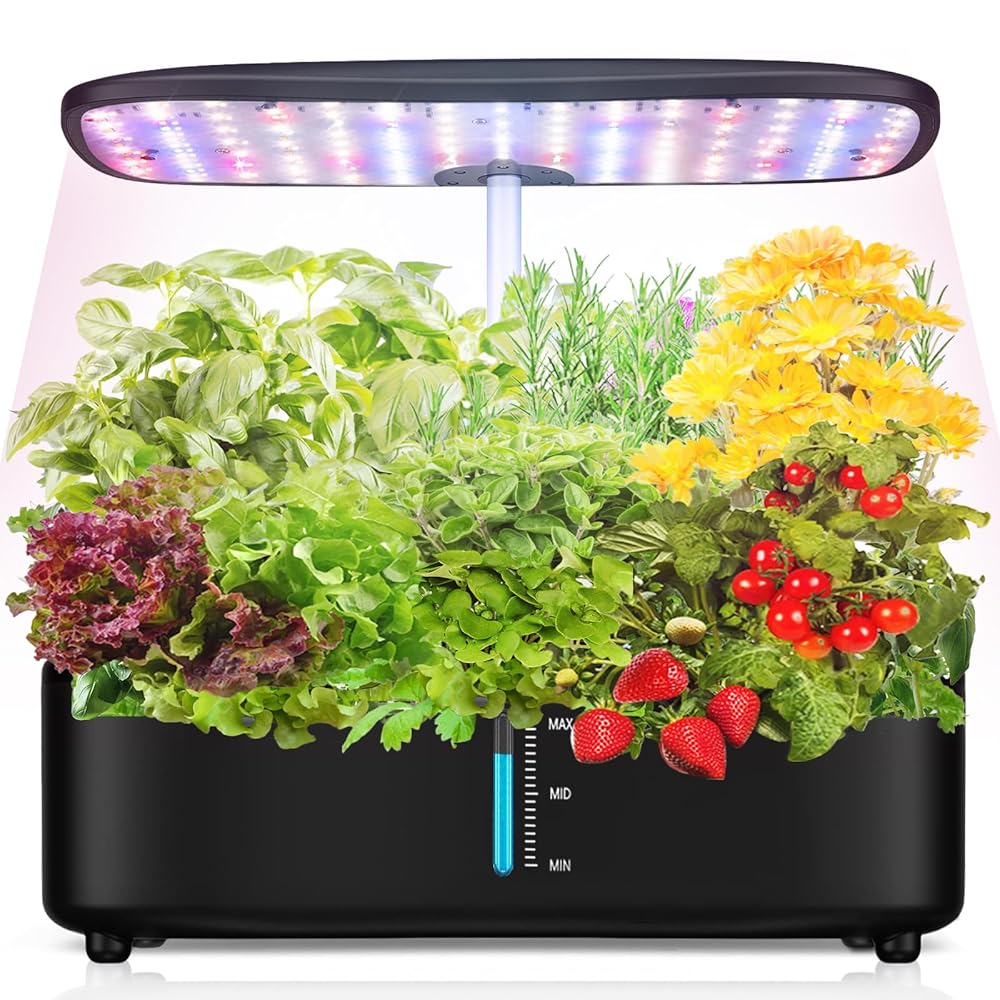 Indoor Garden Hydroponics Growing System, Herb Garden Kit Indoor with LED Grow Light Quiet Smart Water Pump Automatic Timer Healthy Fresh Herbs Vegetables - Hydroponic Planter...