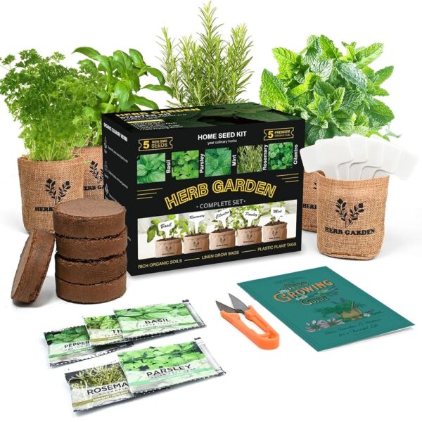 Indoor Herb Garden Starter Kit, 5 Non-GMO Herb Seeds - Basil, Parsley, Rosemary, Thyme, and Mint with Complete Planting Set Including Jute Bags, Markers, Soil Disks, Shears for...