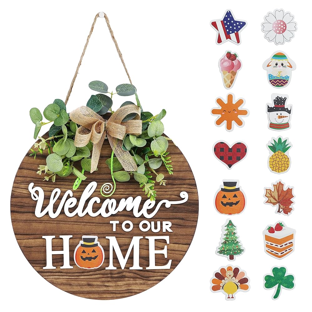 Interchangeable Seasonal Welcome Sign Front Door Decoration, Rustic Round Wood Wreaths Wall Hanging Outdoor, Farmhouse, Porch, for Spring Summer Fall All Seasons Holiday...