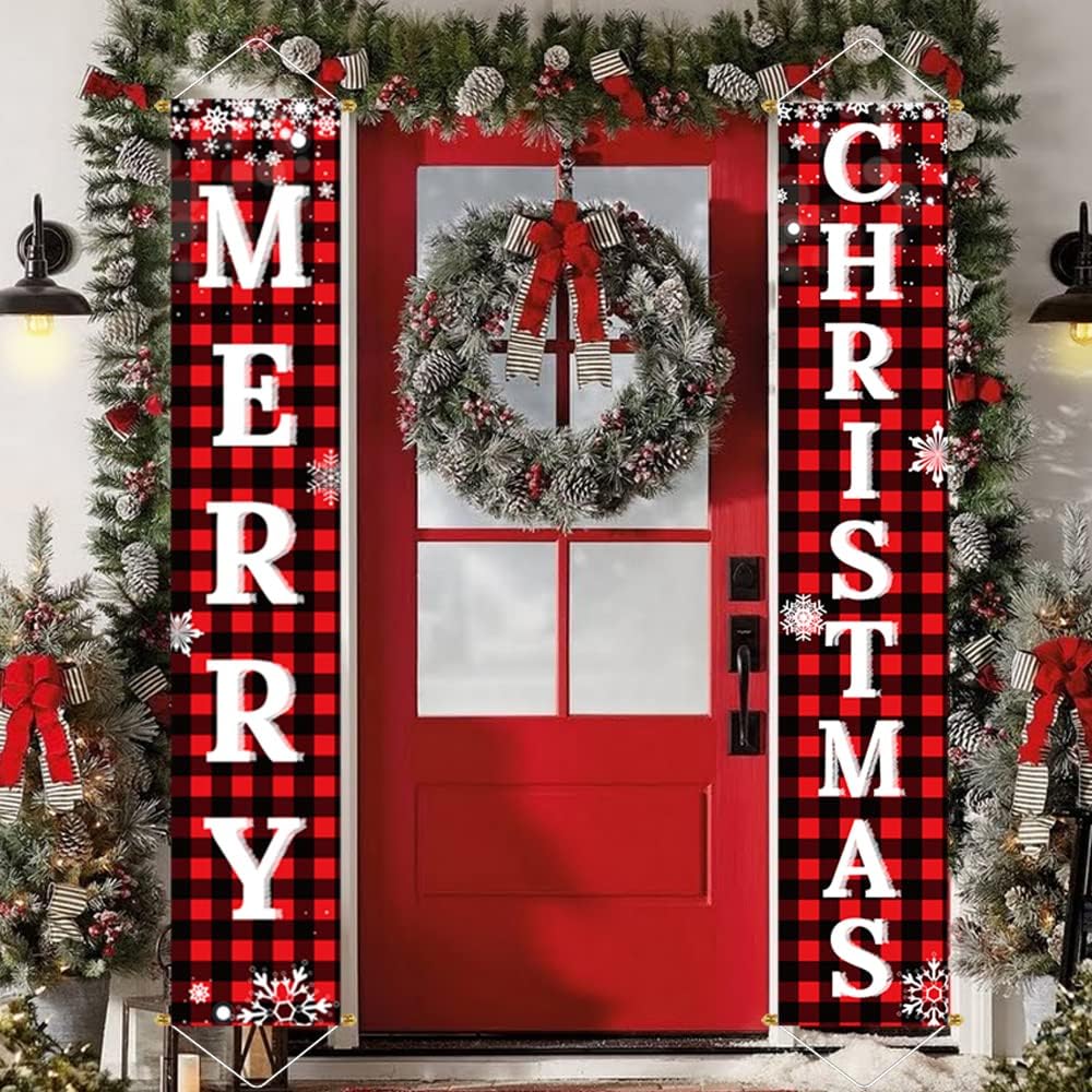 Ivenf Christmas Decorations Outdoor Yard Front Porch Sign Set, Red Black Buffalo Plaid Door Banner, Hanging Merry Christmas Decorations for Home, Indoor Outdoor Xmas Decor Wall...