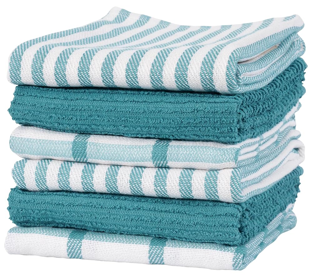 KAF Home Premium Kitchen Towels (18" x 28", 6 Pack), Large 100% Cotton, Flat & Terry Absorbent Dish Towel Set (Teal)