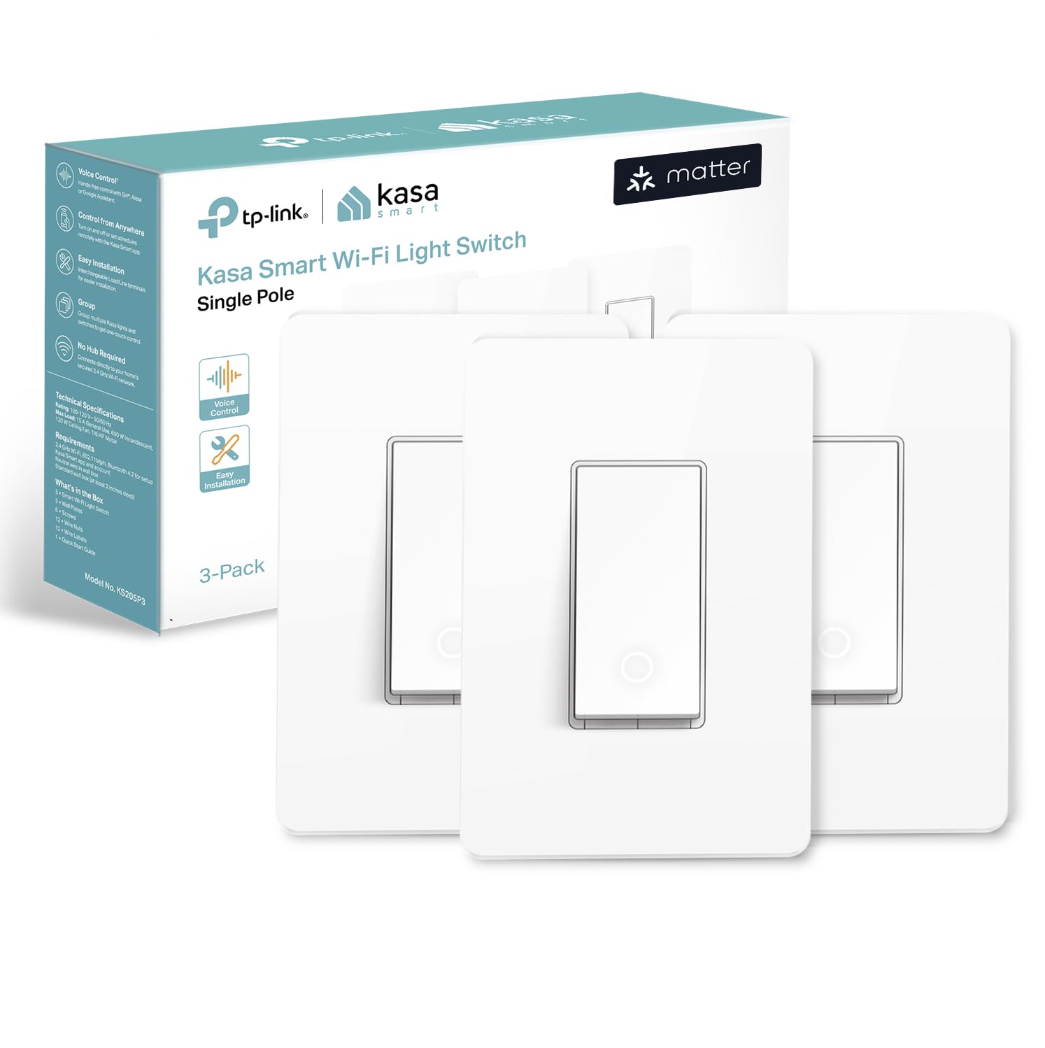 Kasa Matter Smart Light Switch: Voice Control w/Siri, Alexa & Google Assistant, UL Certified, Timer & Schedule, Easy Guided Install, Neutral Wire Required, Single Pole, 2.4GHz...