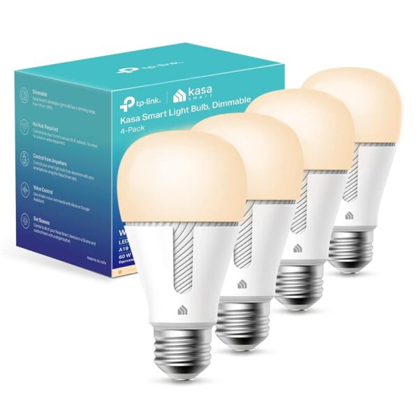 Kasa Smart Light Bulbs that works with Alexa and Google Home, Dimmable Smart LED Bulb, A19, 9W, 800Lumens, Soft White(2700K), CRI≥90, WiFi 2.4Ghz only, No Hub Required, 4 Count...