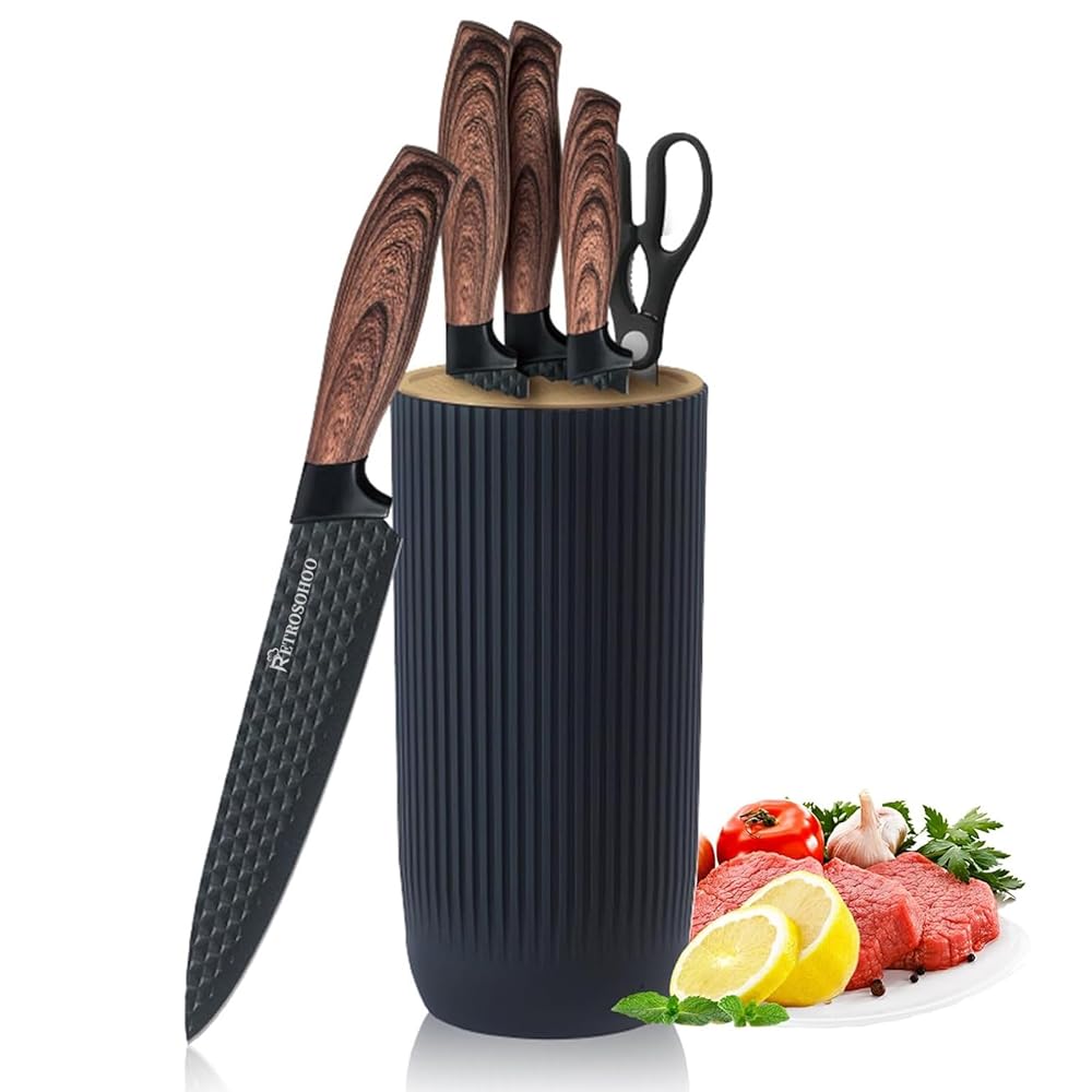 Kitchen Knife Set, Retrosohoo 6-Pieces Black Sharp Knife Set for Kitchen, Non-stick Non-slip Stainless Steel Chef Knife Set with Universal Knife Block Suitable for Home...