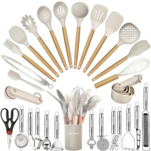 Kitchen Utensils Set- 35 PCs Cooking Utensils with Grater,Tongs, Spoon Spatula &Turner Made of Heat Resistant Food Grade Silicone and Wooden Handles Kitchen Gadgets Tools Set...