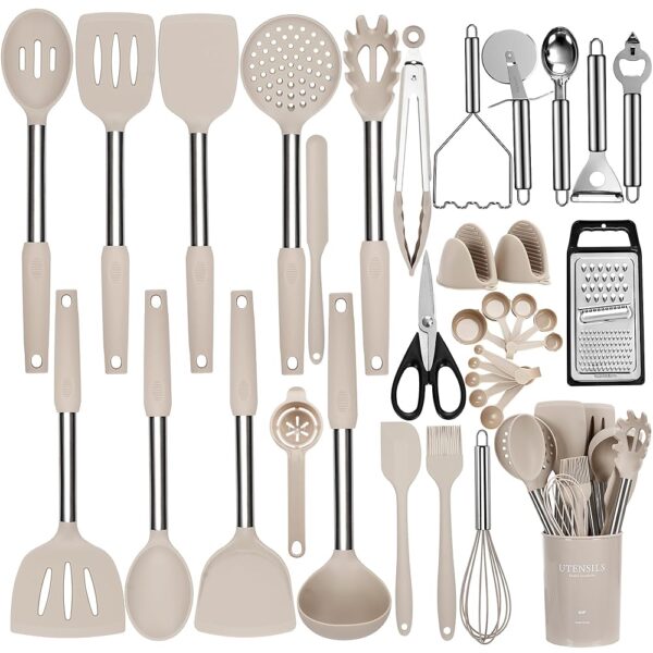 Kitchen Utensils Set, 35 Pcs Silicone Cooking Utensils Set with Holder, with Stainless Steel Handle Spatula Set, Spoons, Pasta Server, Cheese Grater, Masher, Scissors,...