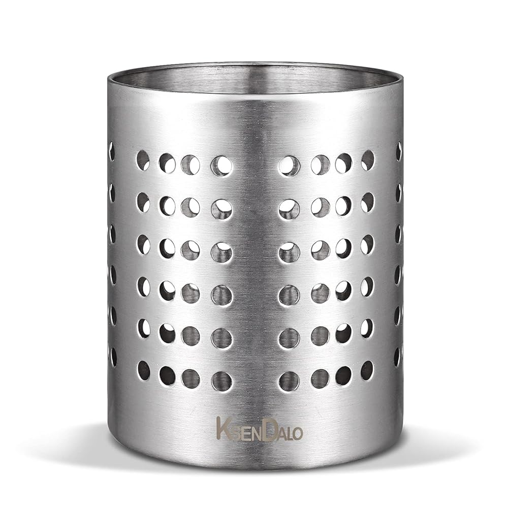 KSENDALO Round SUS304 Stainless Steel Utensil Holder - Silver Caddy & Organizer for Drying Cooking Spoons, Spatulas, and Silverware - Essential Kitchen Container for Countertop...