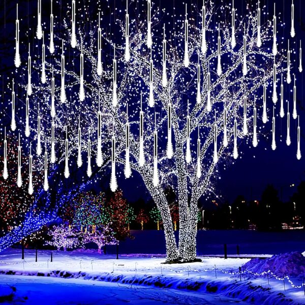 Kwaiffeo Christmas Lights Outdoor, 8 Tubes Meteor Shower Lights LED Snow Falling Icicle Cascading Lights for Xmas Tree Wedding Decoration Party, UL Plug, White