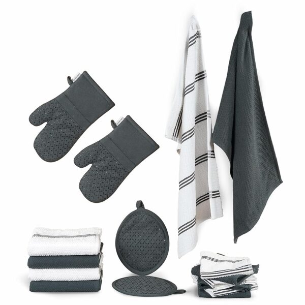 Lane Linen Kitchen Towels and Dishcloths Sets - 16 Pc Kitchen Essentials for New Home, Heat Resistant Silicone Oven Mitts & Pot Holder, Absorbent Terry Kitchen Towels, Dish...