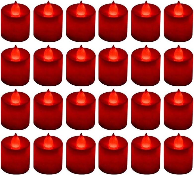 LANKER 24 Pack Flameless Led Tea Lights Candles - Flickering Red Battery Operated Electronic Fake Candles – Decorations for Wedding, Party, Christmas, Halloween (Red)