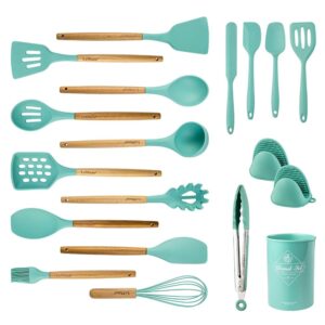 LeMuna Cooking Utensils Set, 18pcs Kitchen Silicone Utensils, Heat Resistant Non Toxic & BPA-Free with Holder & Wooden Handle, Home Essential Accessories, Teal(Turquoise)