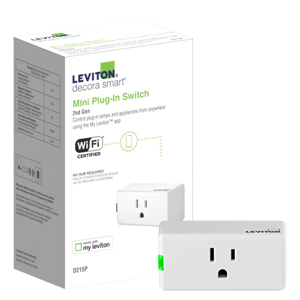 Leviton Decora Smart Plug, Wi-Fi 2nd Gen, Works with Matter, My Leviton, Alexa, Google Assistant, Apple Home/Siri & Wire-Free Anywhere Companions for Switched Outlet, D215P-2RW,...