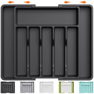 Lifewit Silverware Drawer Organizer, Expandable Utensil Tray for Kitchen, BPA Free Flatware and Cutlery Holder, Adjustable Plastic Storage for Spoons Forks Knives, Large, Black