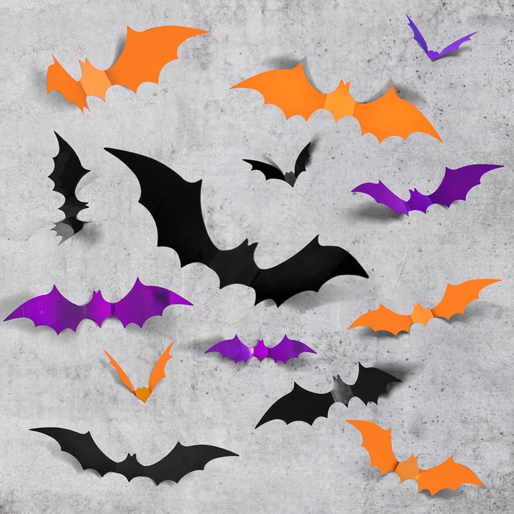 LOLStar 72PCS Halloween Bats Decoration, 4 Different Sizes Realistic PVC Black Purple and Orange 3D Scary Bat Stickers for Home Decor DIY Wall Decal Indoor, Outdoor Halloween...