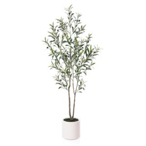 LOMANTO Artificial Olive Trees, 5 ft Tall Fake Olive Trees for Indoor, Faux Olive Silk Tree, Large Olive Plants with White Planter for Home Decor and Housewarming Gift, 1 Pack