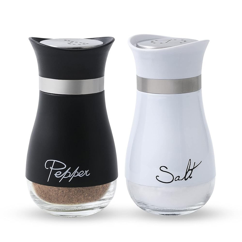 Lonffery Salt and Pepper Shakers Set - Salt Containers for Gifts, Kitchen Decor, Home, RV, Camp, BBQ, 4 oz Farmhouse Spice Dispenser with Glass Bottom, Black and White, Set of 2