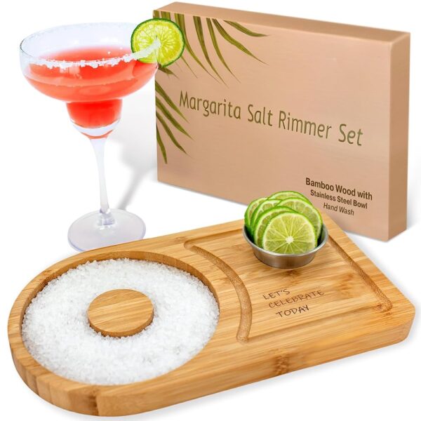 Margarita Salt Rimmer Set for up to 6" Rims - Bamboo 'Let's Celebrate Today' Wood Margarita Rimmer Set w/Bowl & Room for Margarita Accessories- Margarita Sugar Rimmer for Cocktails